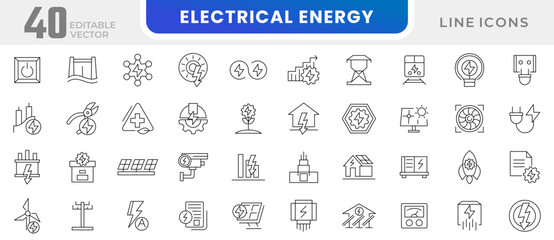 Electrical energy line icon set. Electricity, electric power, light, light bulb, ecology, green technology, power line, house line icon set. UI thin line icon pack.