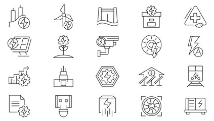 Electrical energy line icon set. Electricity, electric power, light, light bulb, ecology, green technology, power line, house line icon set. UI thin line icon pack.