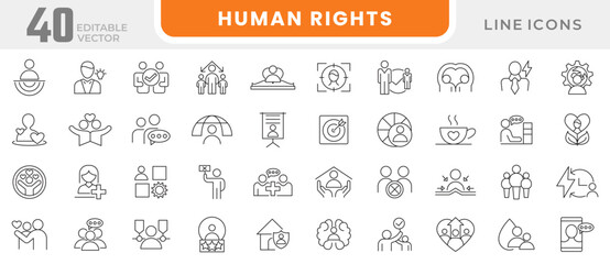 Human Rights line icon set. containing equality, inclusion, belonging, culture, tolerance, languages, unity, difference, ethnicity, gender, human rights, group line icon set. UI thin line icon pack.