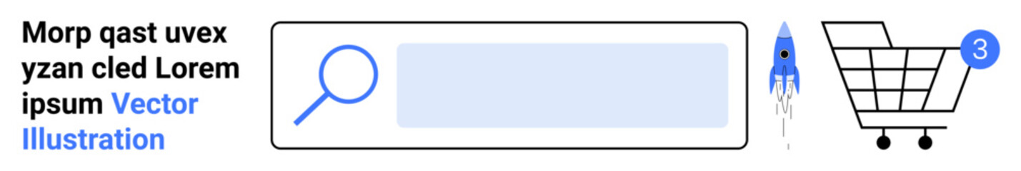 Shopping cart with a notification, search bar with magnifying glass icon, and blue rocket. Ideal for e-commerce, online shopping, retail businesses, web design, user interface, business tools