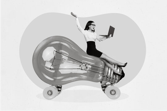 Photo artwork minimal collage picture of worker lady riding big bulb working modern device isolated drawing background - Powered by Adobe