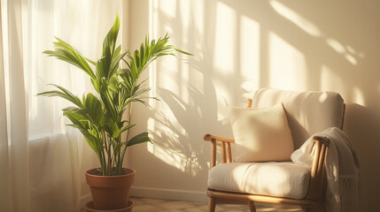 
A tranquil sunlit setting with a neutral-toned Nordic floor seat, a vibrant potted plant, and a  wall of living room 