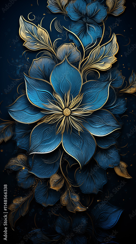 Poster Blue flower with gold leaves