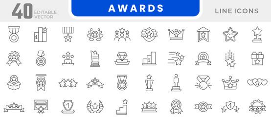 Awards line icon set. containing badge, trophy, certificate, medal, winner, gift, achievement, star, best, reward, champion, celebration, prize, rank, cup line icon set. UI thin line icon pack.