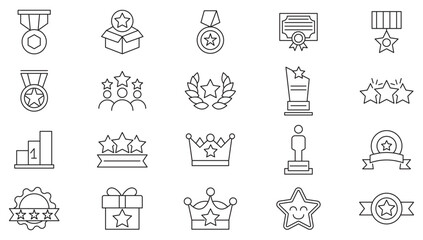 Awards line icon set. containing badge, trophy, certificate, medal, winner, gift, achievement, star, best, reward, champion, celebration, prize, rank, cup line icon set. UI thin line icon pack.