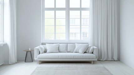 Minimalist room with modern, sparse furniture. Featuring soft tones and simple layout