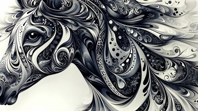 Intricate black and white horse art showcasing detailed patterns and swirls in a modern artistic style