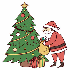 Santa Claus and the Christmas tree are in front of the church vector design on a white background 