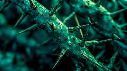 Close up of thorns growing on a cactus stem, creating a menacing texture