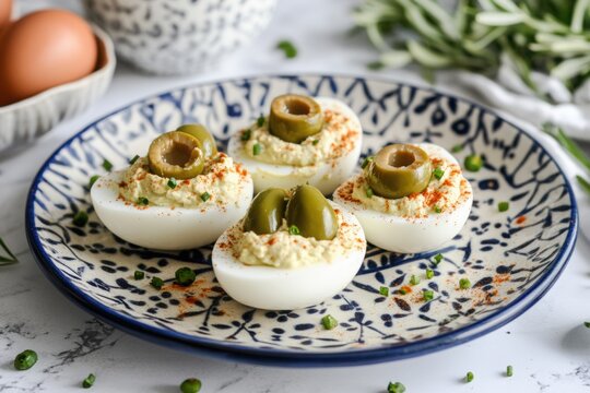 Deviled eggs topped with green olives and paprika on ceramic plate