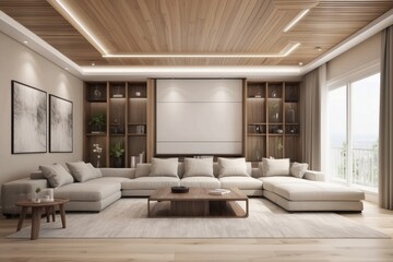 Modern Beige Living Room Design With Wooden False Ceiling