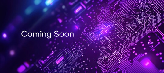Tech Event Coming Soon Banner with Futuristic Circuit Design in Purple and Teal