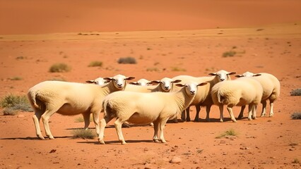 Group of Fluffy White Sheep in Arid Landscape with Red Soil