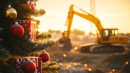 Christmas spirit even on a construction site. A decorated tree stands in the foreground, with a blurred excavator at sunset in the background.