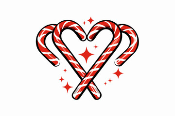 A pair of intertwined candy canes forming a heart, with sparkles around them vector silhouette on a white background