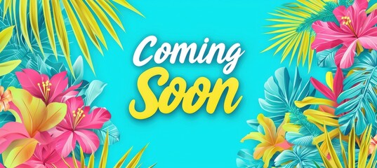 Tropical Themed 'Coming Soon' Banner with Bright Colors and Beach Elements for Summer Events