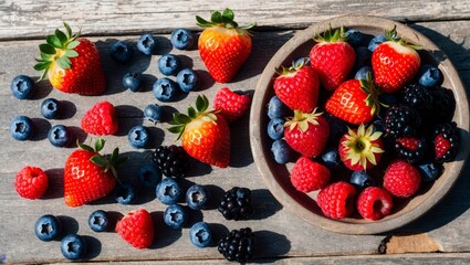 Fresh assorted berries on rustic wooden table