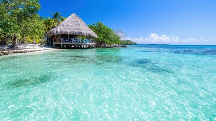 Obraz premium Tropical beach hut on clear turquoise water.