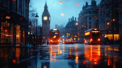 Naklejka premium Snowy London street at night with Big Ben and buses.