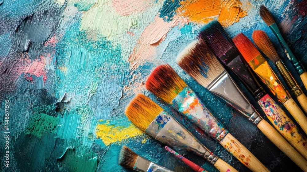Poster vibrant artist brushes and colorful paints ready for creation on fresh canvases in a bright studio s