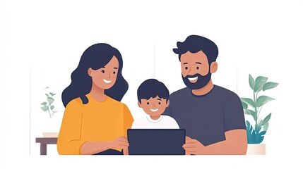 Fototapeta premium Illustrated family smiling while sharing a tablet screen together