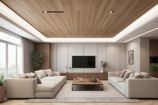 Modern Beige Living Room Design With Wooden False Ceiling
