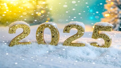 Gold Numbers 2025 With Sequins And Glitter On A gold snowy background Christmas New Year Greeting Card