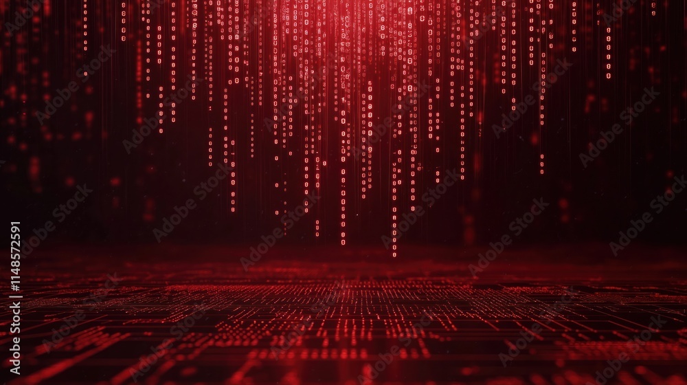 Fototapete Abstract digital rain of red glowing binary code. Binary data flows across dark futuristic background. Red light tech patterns illuminate digital space. Dynamic tech visual. Futuristic design. Red