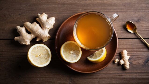 Ginger tea with lemon and honey on table