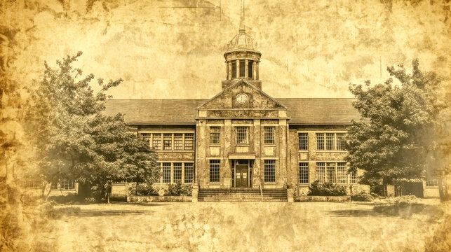 Old school building with clock tower on grunge background