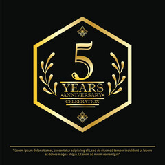 5th years anniversary celebration emblem. black anniversary logo isolated with hexagon geometric badge frame and laurel wreath. vector illustration