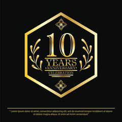 Fototapeta premium 10th years anniversary celebration emblem. black anniversary logo isolated with hexagon geometric badge frame and laurel wreath. vector illustration