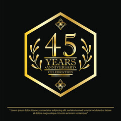 45th years anniversary celebration emblem. black anniversary logo isolated with hexagon geometric badge frame and laurel wreath. vector illustration