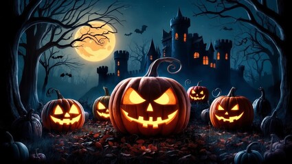 Glowing halloween pumpkins in a spooky forest