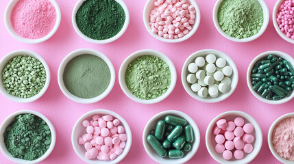 Various powders and pills in white bowls on pink background..