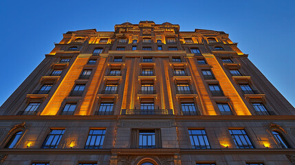 A tall, ornate building illuminated at dusk..