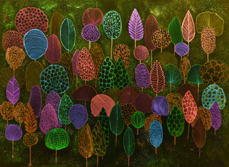 Trippy and psychedelic forest with colorful trees. The dabbing technique near the edges gives a soft focus effect due to the altered surface roughness of the paper.