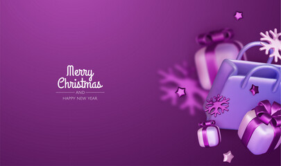 Christmas and New Year Sale. Bright realistic 3d holiday object design, shopping bag, gift box. Promo sale, advertising banner, web poster. vector illustration