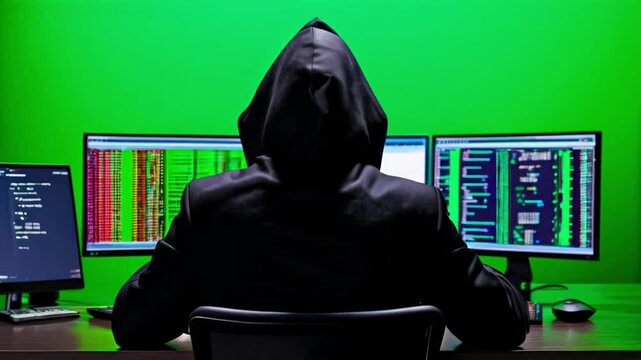 Rear view of hooded anonymous scammer hacker at table with green screen chromakey multiple display, during an attack on credit cards big data servers on the network