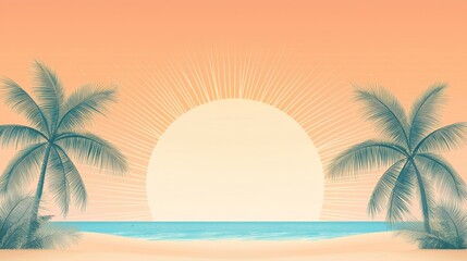 Fototapeta premium A serene beach sunset scene with vibrant orange hues and silhouettes of palm trees framing a tranquil ocean view, invoking relaxation and beauty.