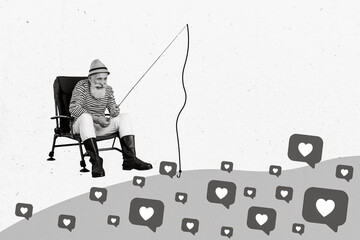 Collage photo of old pensioner fisherman sitting chair wear funny hat trying catch more popularity...