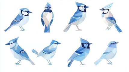 Fototapeta premium Colorful Geometric Blue Jay Illustrations Depicting Various Poses and Perspectives of Birds in Abstract Style