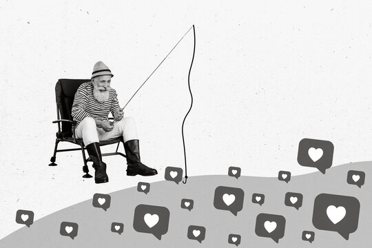 Collage photo of old pensioner fisherman sitting chair wear funny hat trying catch more popularity like button isolated on white color background