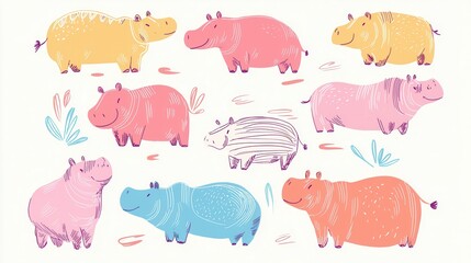 Fototapeta premium Colorful Hand-Drawn Hippos in Various Poses and Expressions, Perfect for Playful Illustrations and Creative Projects