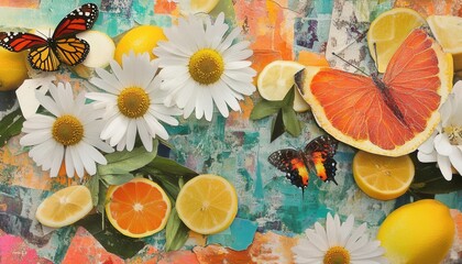 Colorful Summer Composition with Butterflies, Citrus Fruits, and White Daisies on Abstract Background