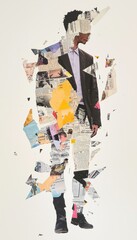 Fototapeta premium Abstract Art Portrait with Collaged Newspaper Elements and Mysterious Silhouette of a Man in Suit