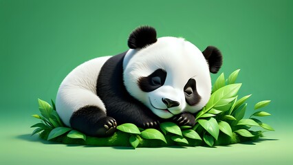 Adorable 3D baby panda sleeping peacefully on a soft green background.