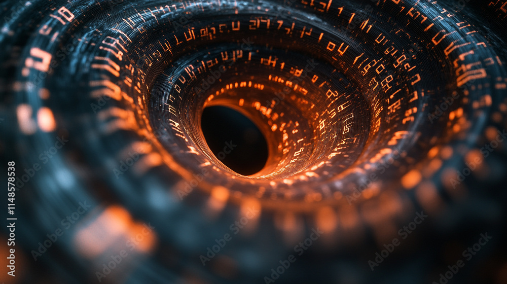 Poster digital vortex withlowing binary code in a dark background.
