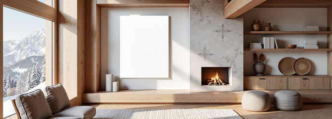 Obraz premium Cozy Living Room with Blank Frame and Fireplace in Alpine Chalet