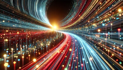 A futuristic, abstract representation of a digital tunnel filled with flowing data streams